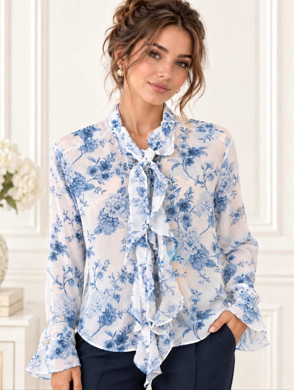 Anne Klein | Sheer Blue Floral Ruffle Tie Neck Blouse | Size XL